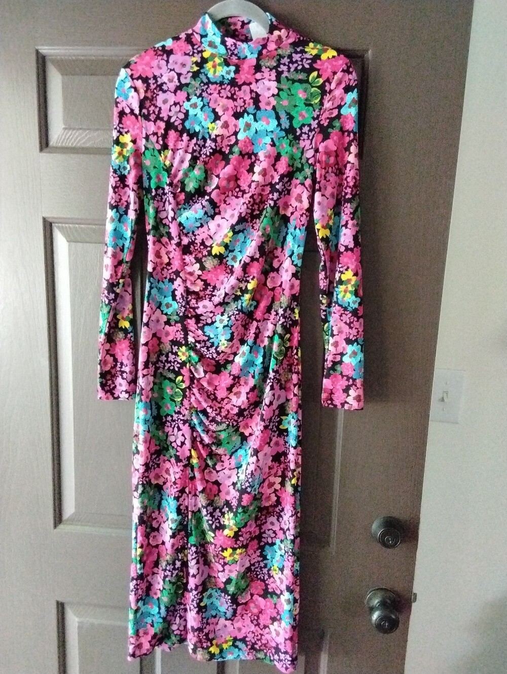 Future Collective Floral Long Sleeve Mock Neck Midi Dress - Pink Multi